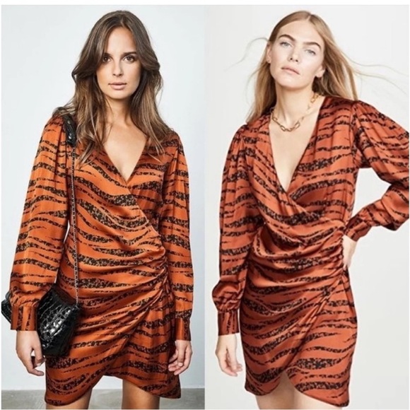 Anine Bing‎ Silk Wrap Penelope Dress XS Tiger Stripe Orange Long Sleeve Stars - Picture 16 of 16